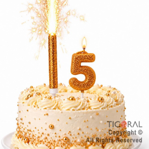 SET BENGALA Y VELA NUMERAL NUMERO 5 CON GIBRE ORO